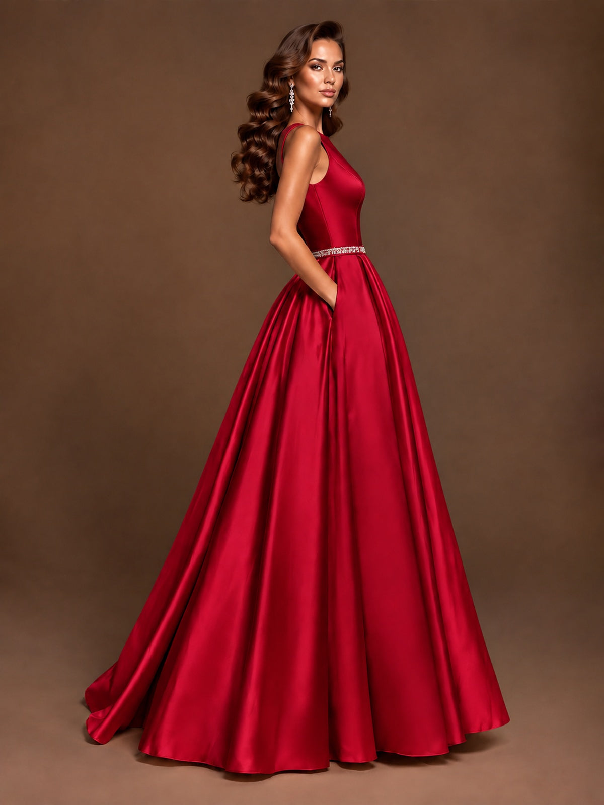 Satin A-Line Prom Dress Sleeveless Beaded Waist Formal Gown with Pockets