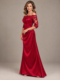 Satin Mother of the Bride Dress with Lace Sleeves Off Shoulder Formal Gown