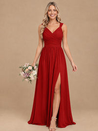 Pleated Chiffon V Neck Wedding Bridesmaid Dresses Floor Length with Slit