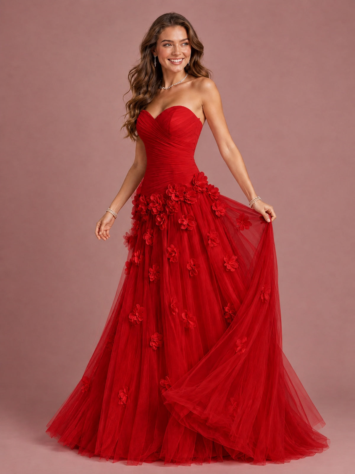 Blush Pink Strapless Sweetheart 3D Floral Tulle Ball Gown Prom Dres