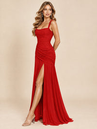 Wrap Pleated Prom Dress Scoop Neck with Slit Women Wedding Formal Dress