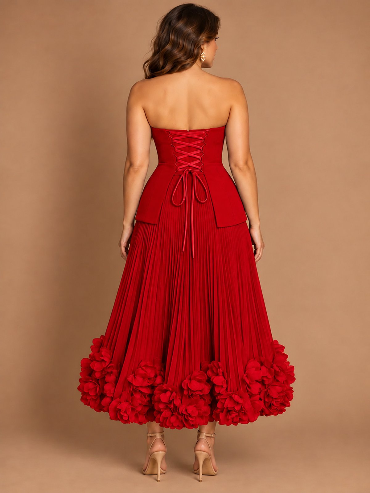 Navy Blue Strapless Pleated A-Line Midi Dress with 3D Floral Applique