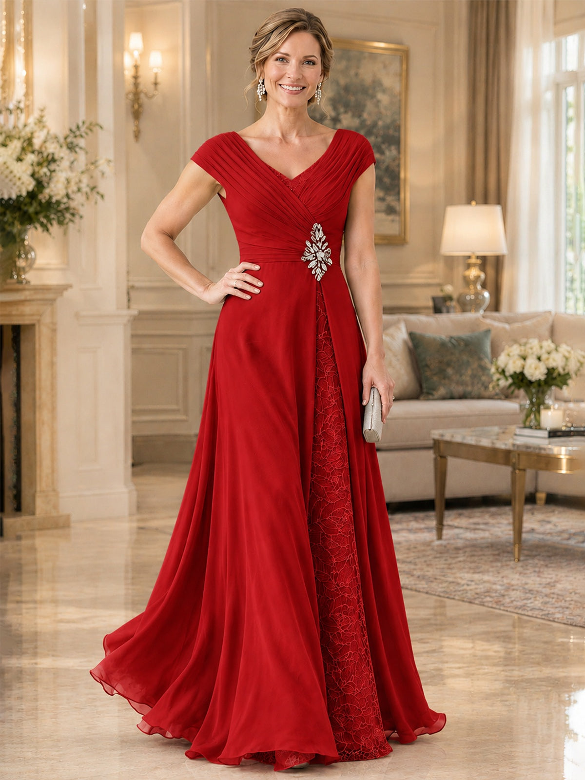 Pleated Chiffon Lace Mother of The Bride Dresses with Beading Cap Sleeves