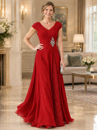 Pleated Chiffon Lace Mother of The Bride Dresses with Beading Cap Sleeves