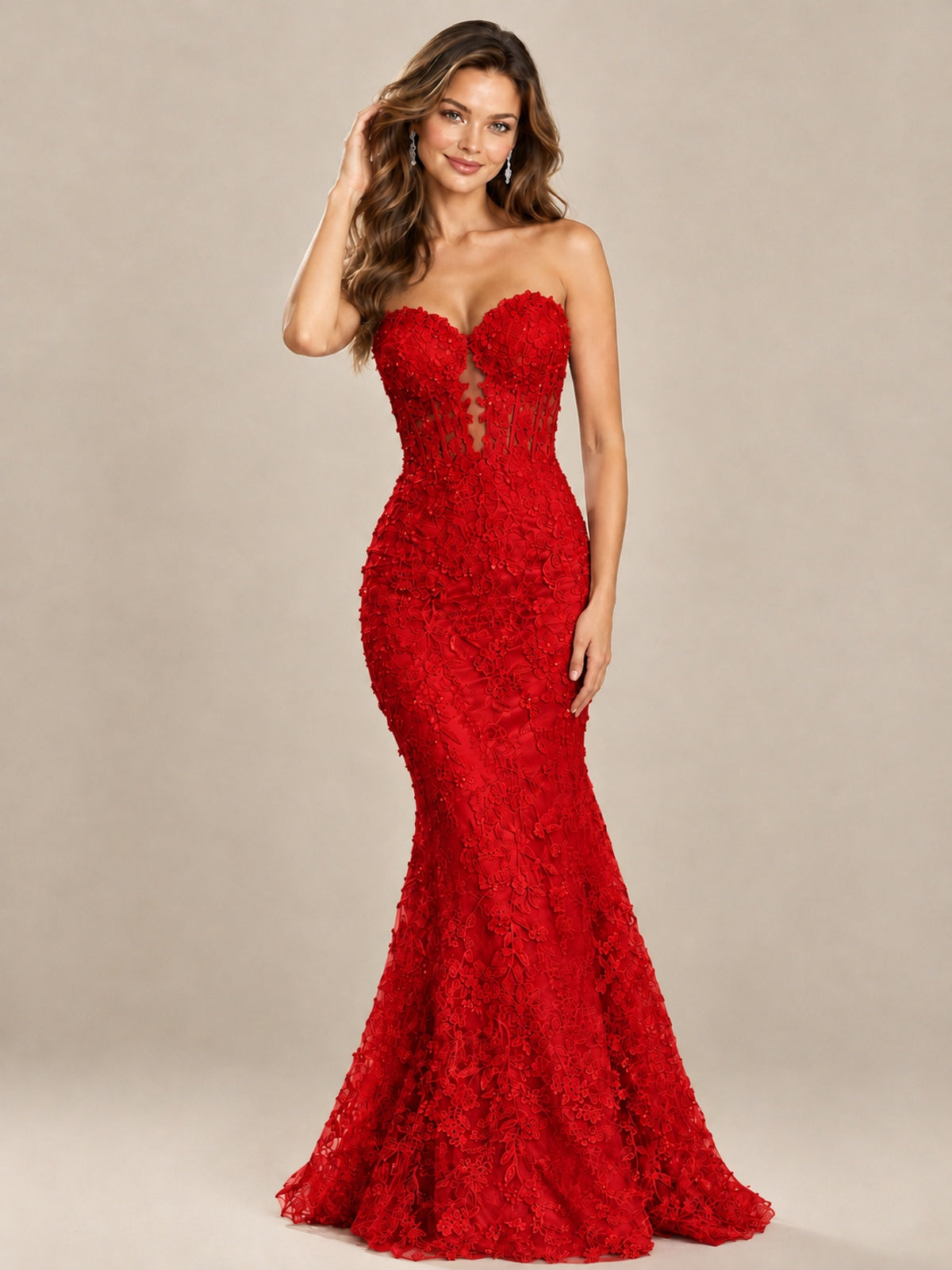 Strapless Corset Mermaid Prom Dress with Floral Lace Appliqué