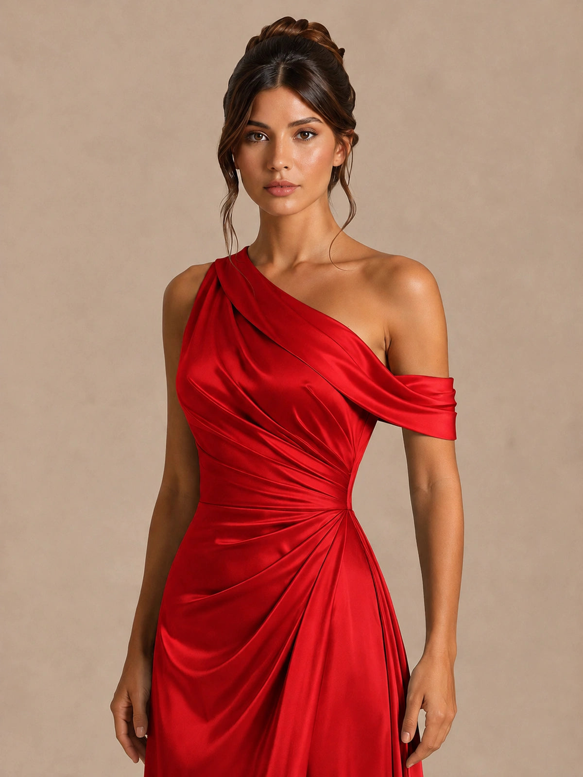 Satin One Shoulder Prom Dress Ruched Long Formal Evening Gown