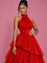 Hot Pink Tulle Halter Neck Tiered Ruffle Maxi Dress