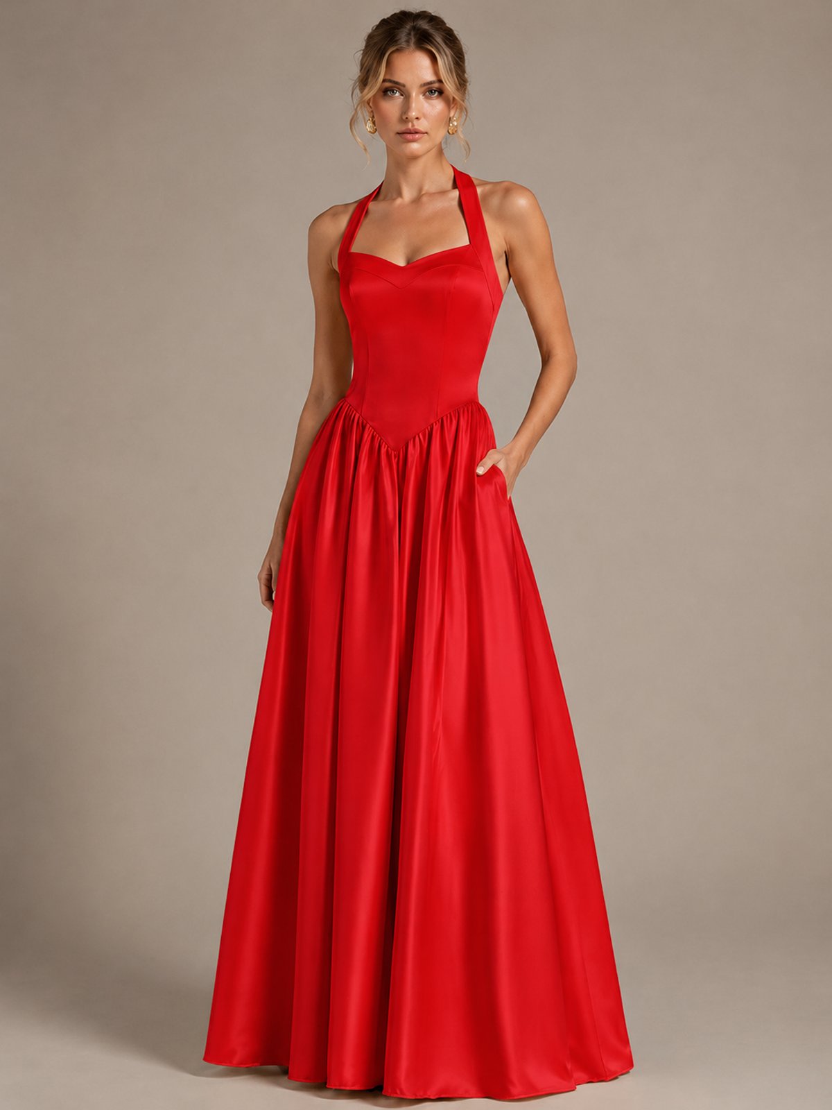 Light Yellow Halter Neck Satin A-Line Maxi Dress with Pockets
