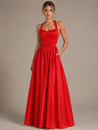 Light Yellow Halter Neck Satin A-Line Maxi Dress with Pockets
