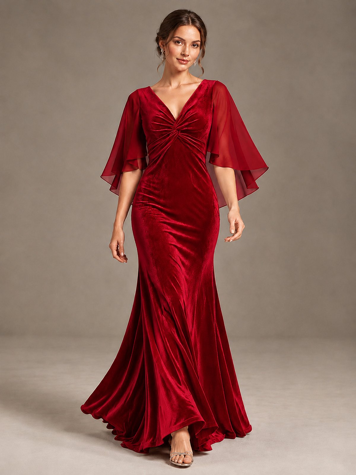 Navy Blue Velvet V Neck Mermaid Formal Dress with Flutter Cape Sleeves