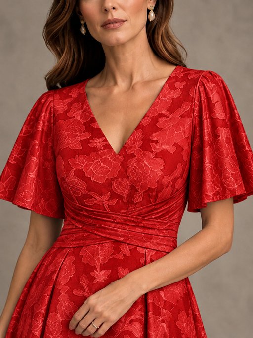 V-Neck Floral Jacquard Tea-Length Mother of the Bride Dress