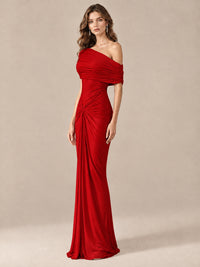 Elegant Draped Off Shoulder Ruched Mermaid Chiffon Formal Evening Gown