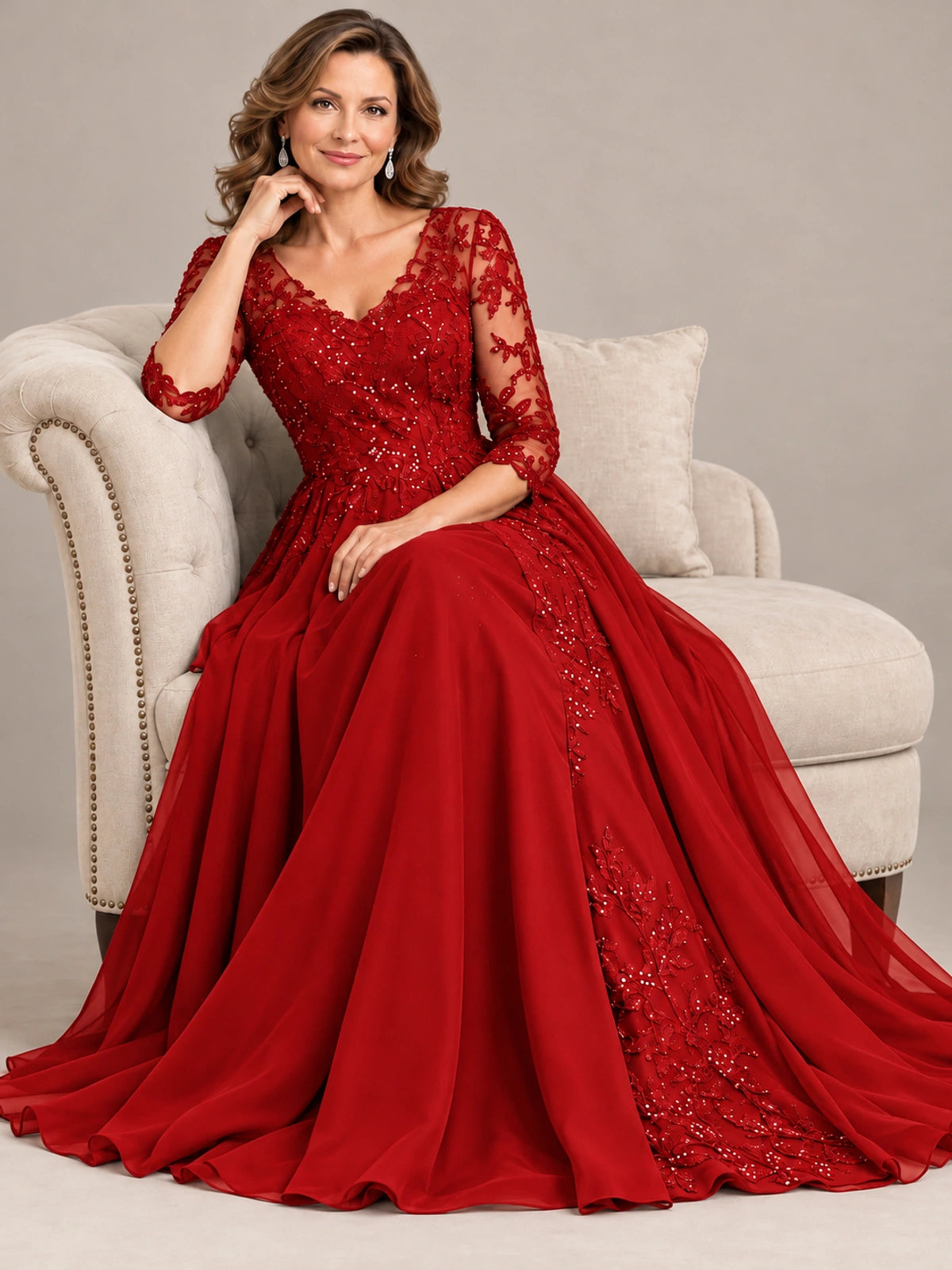 Sequin Lace A-Line Mother of the Bride Dress with 3/4 Sleeves