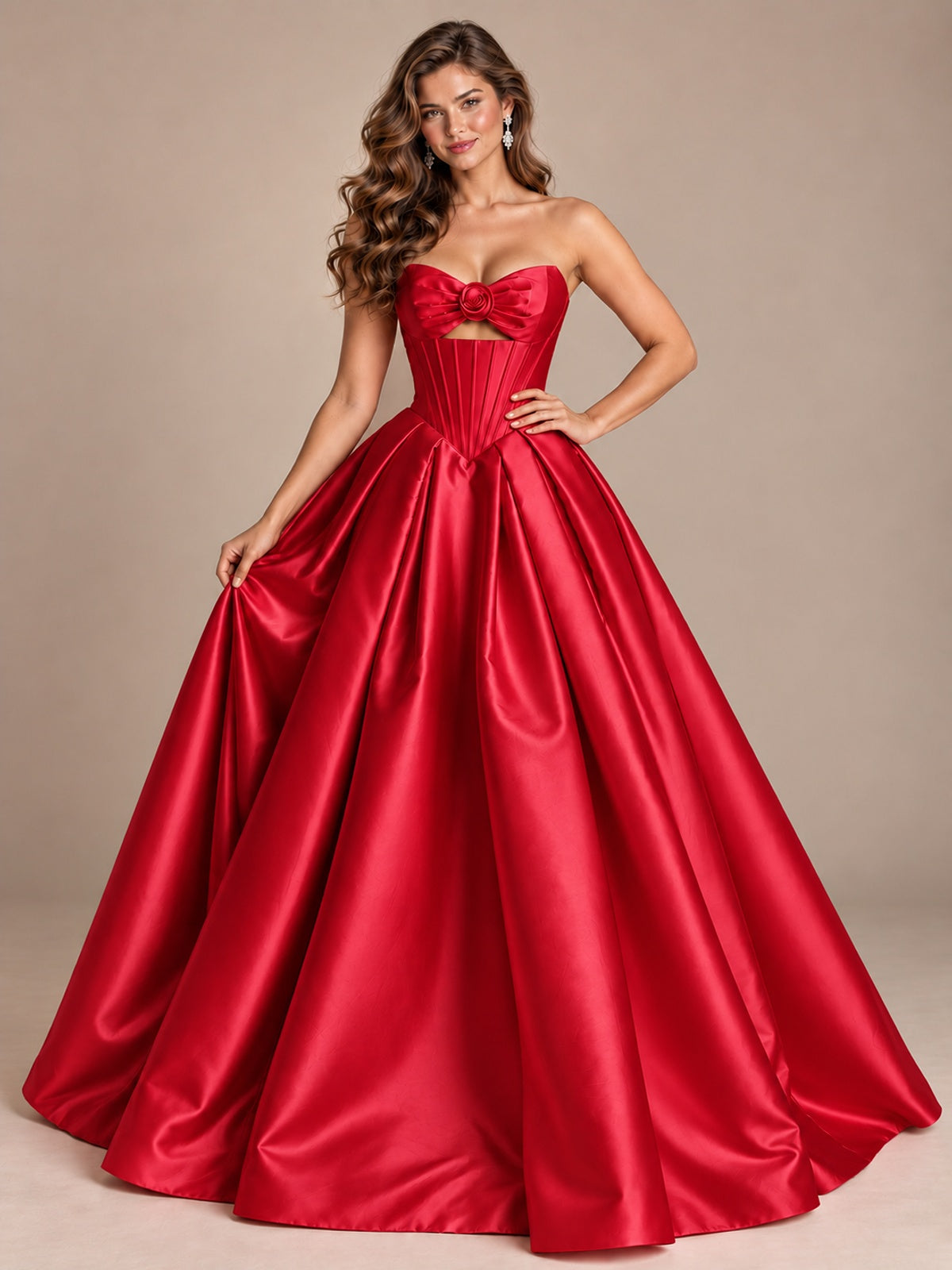 Pink Strapless Corset Satin Prom Derss & Ball Gown with 3D Floral