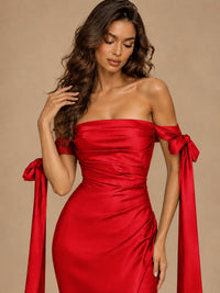 Off The Shuolder Satin Prom Dress Slit Mermaid Formal Gowns