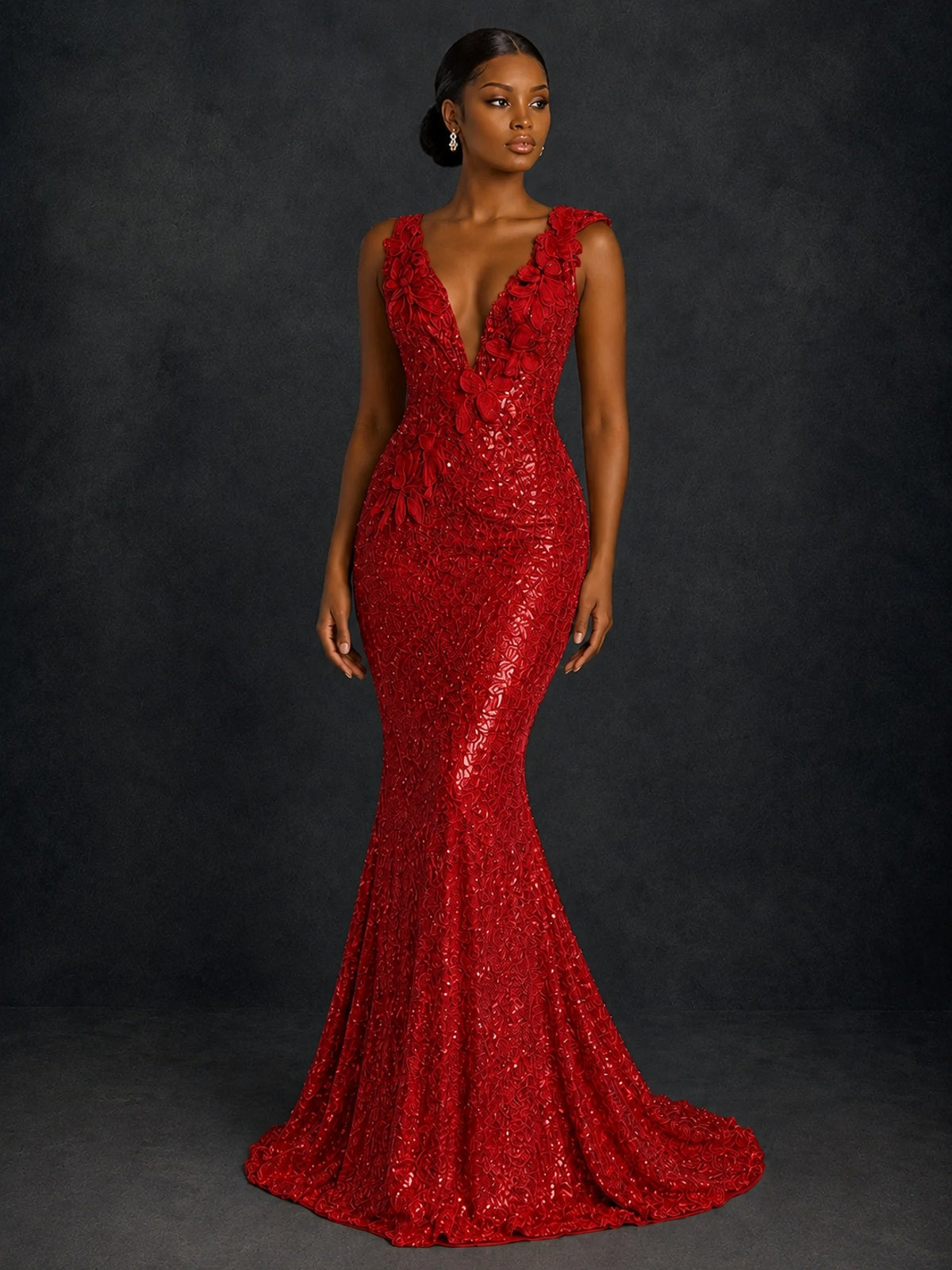 Gold Sequin Floral Applique Mermaid Prom Dress