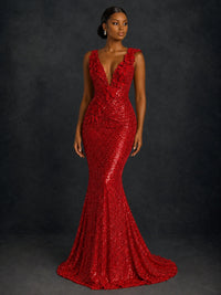 Gold Sequin Floral Applique Mermaid Prom Dress