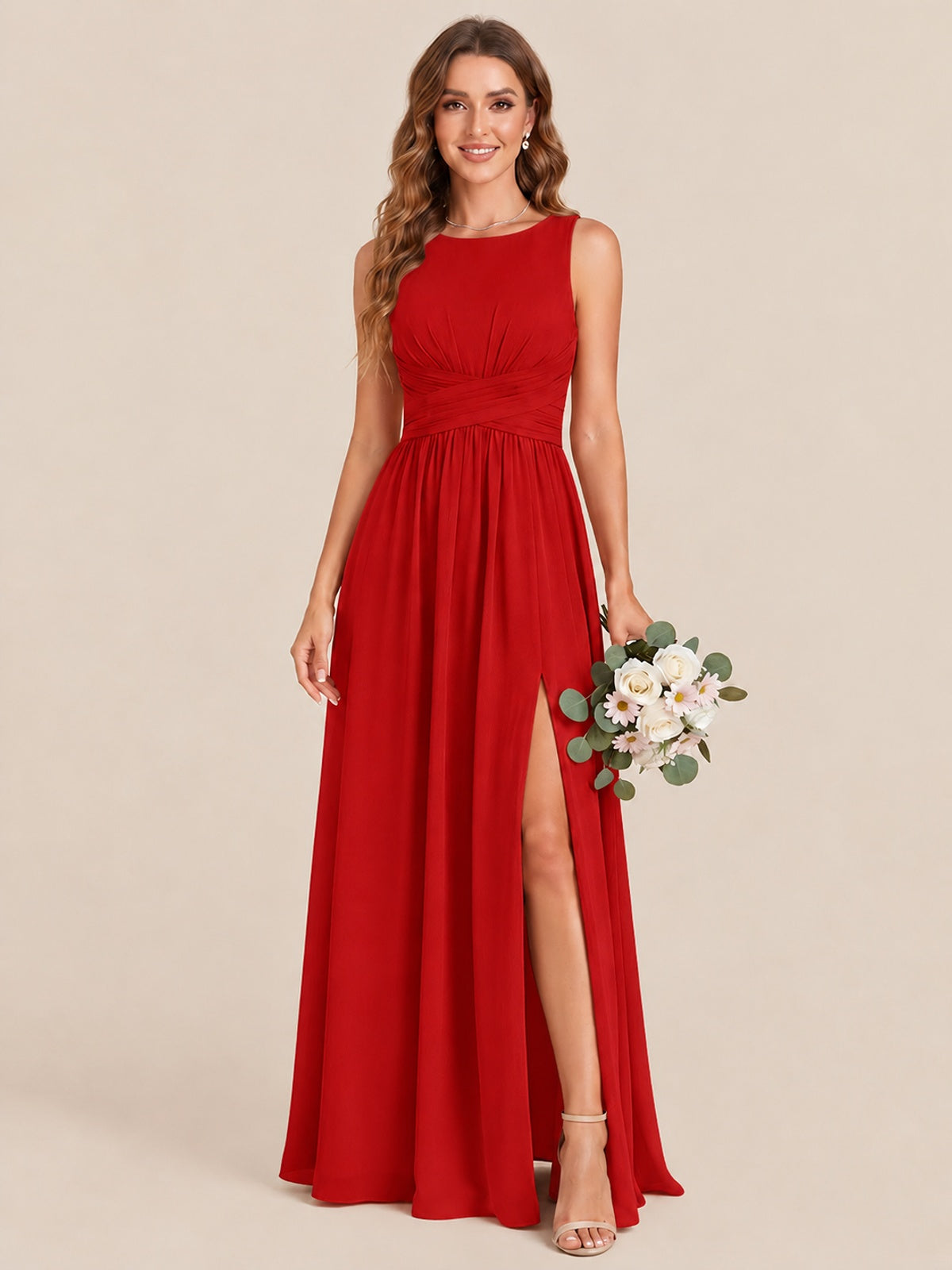 A-line Sleeveless Rucehd Chiffon Bridesmaid Dress with High Slit