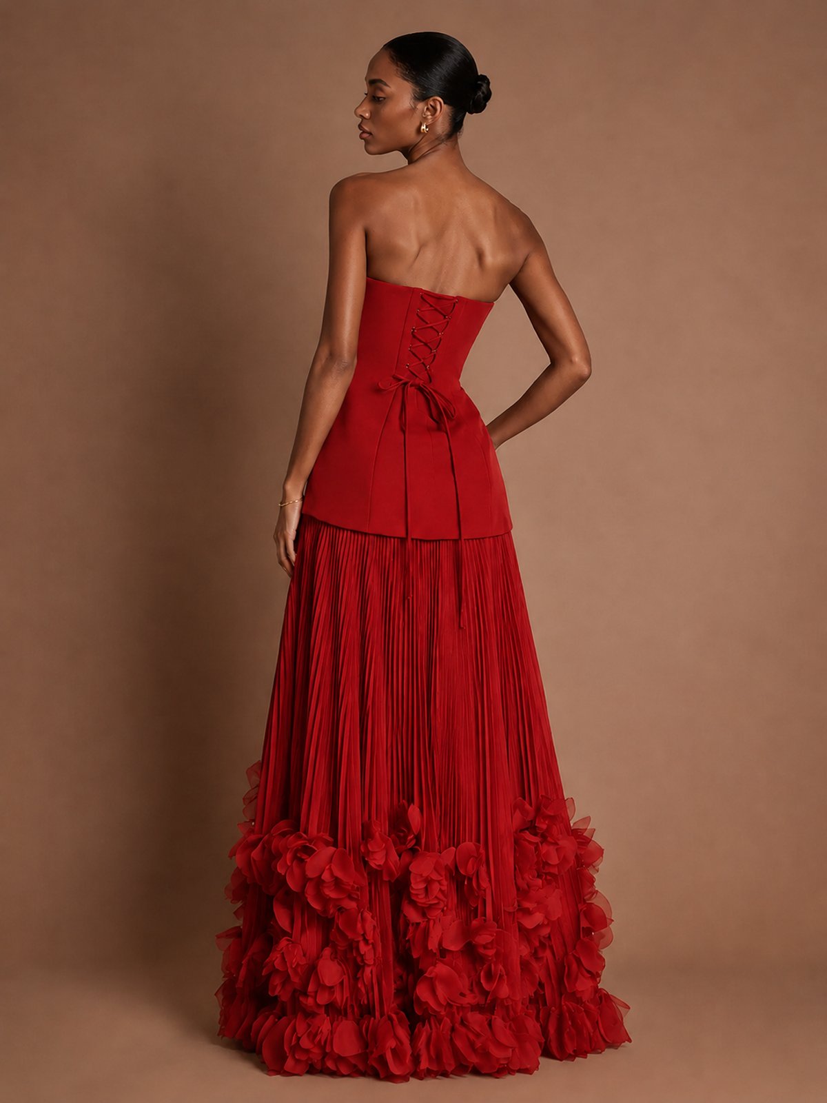 Strapless Pleated Floral Satin Formal Dress with Side Slit