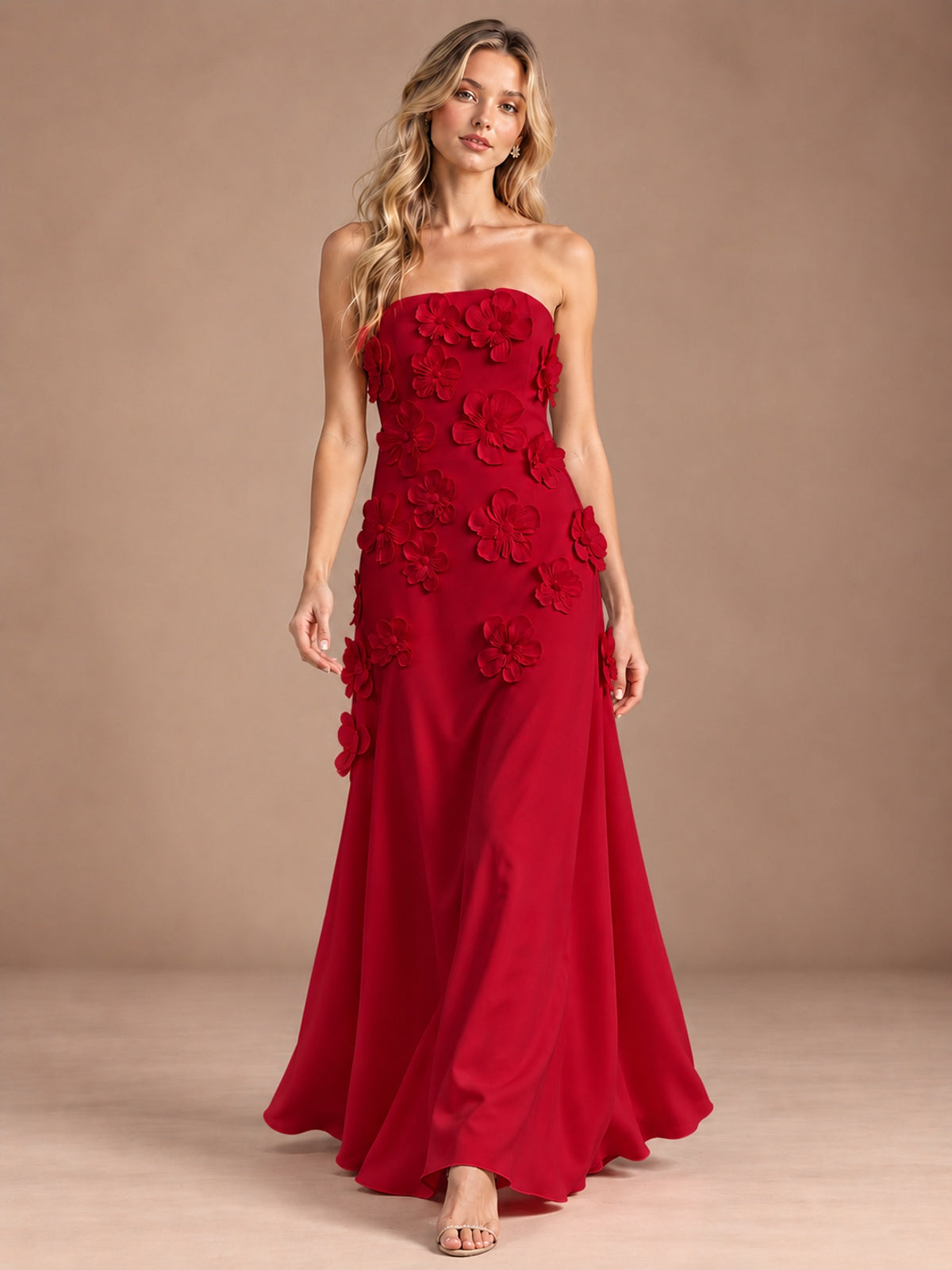 Yellow Strapless A-line Satin Maxi Dress with 3D Floral