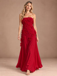 Yellow Strapless A-line Satin Maxi Dress with 3D Floral