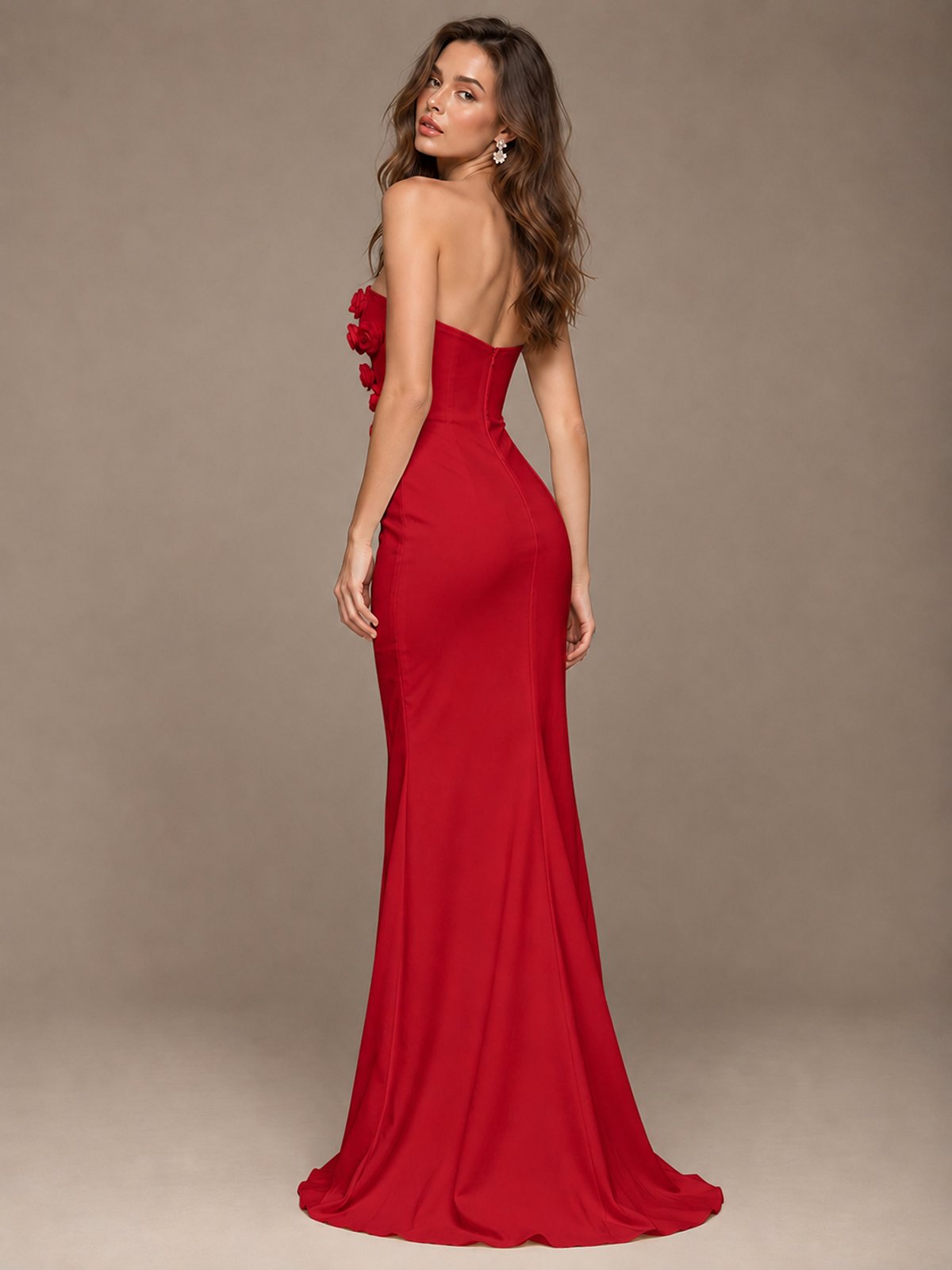 White Strapless Mermaid Maxi Dress with 3D Floral Appliques