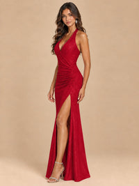 Halter V-Neck Sequin Mermaid Prom Dress with High Slit