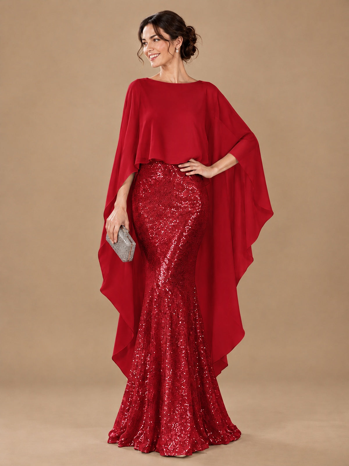 Sequin 2 Pieces Mother of the Bride Dress with Cap Sleeves Chiffon Formal Gowns