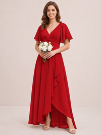 Dusty Blue Chiffon Bridesmaid Dress with Flutter Sleeves & High-Low Hem