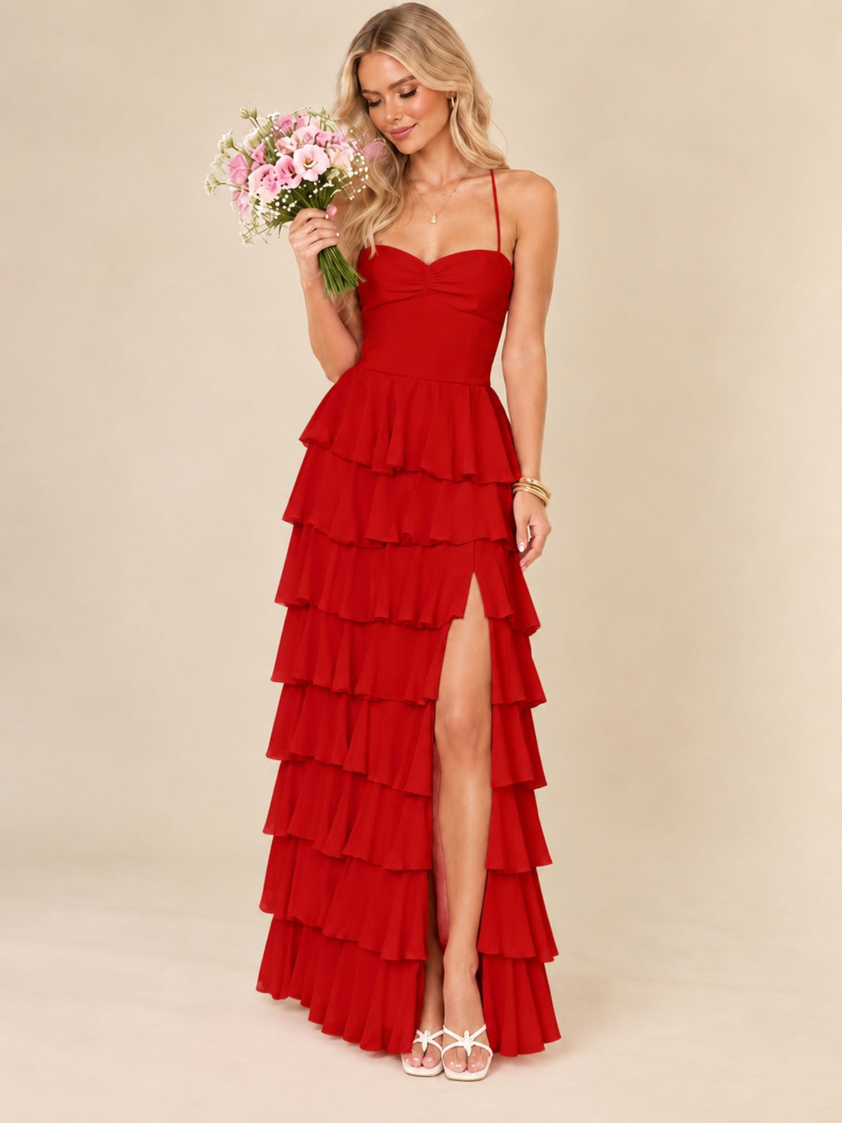 Ruffled Tiered Chiffon Prom Dress Spaghetti Straps Formal Maxi Dress with Slit