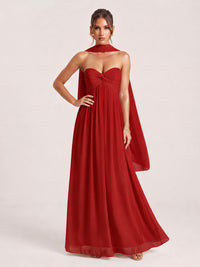 Strapless Ruched Chiffon Long Prom Dress with Scarf