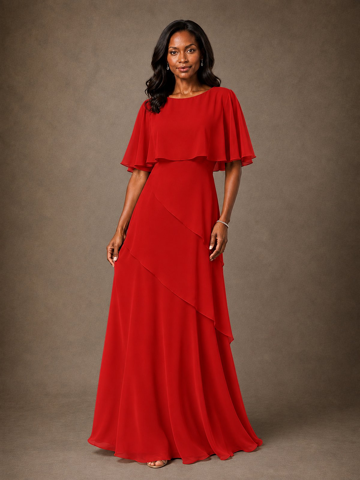 Taupe Chiffon A-Line Mother of the Bride Dress with Cape Sleeves