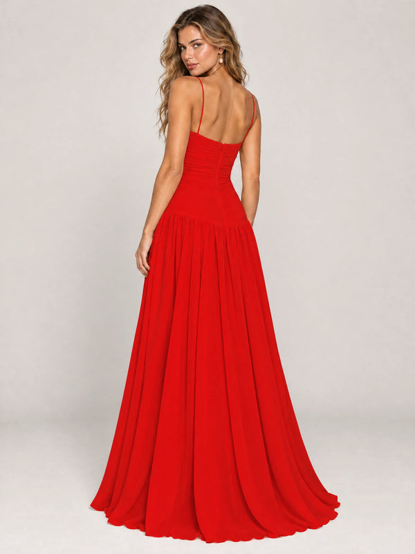 Butter Yellow Ruched Spaghetti Strap Drop-Waist Prom Dress