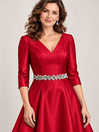 V-Neck Tea-Length Mother of the Bride Dress with Embellished Waist