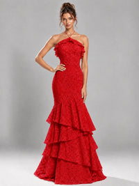 Halter Tiered Mermaid Prom Dress with Sparkly Lace