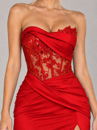 Strapless Satin Prom Dress with Sheer Lace Corset & High Slit