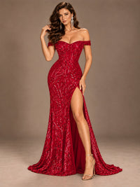 Off the Shoulder Corset Sequin Mermaid Prom Dress with Slit