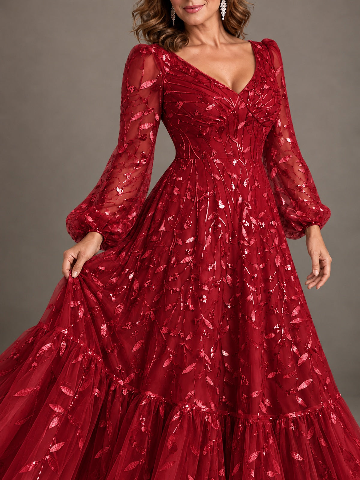 Floral Sequin Embroidered A-Line Mother of the Bride Dress with Long Sleeves