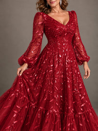 Floral Sequin Embroidered A-Line Mother of the Bride Dress with Long Sleeves
