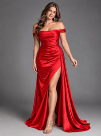 Off Shoulder Satin Maxi Dress with Slit