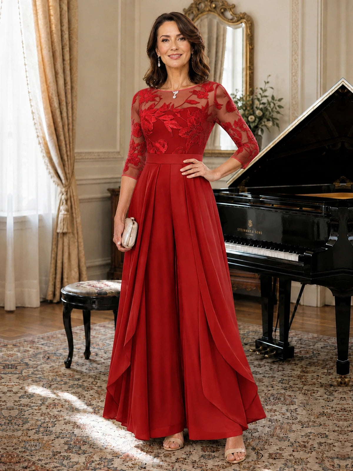 Lace Applique Wide-Leg Chiffon Mother of the Bride Jumpsuit