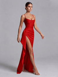 Square Neck Satin Long Prom Dress with Ruffles