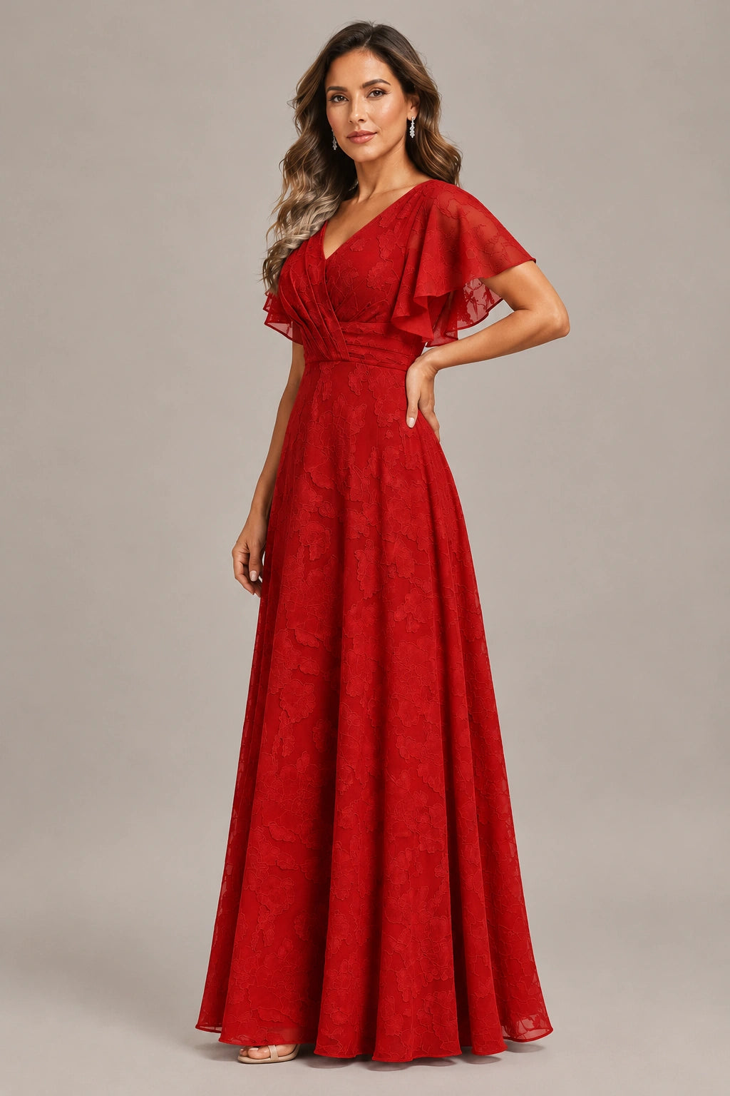 Jovellee Floral Chiffon A-Line Mother of the Bride Dress with Flutter Sleeves