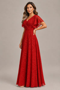 Jovellee Floral Chiffon A-Line Mother of the Bride Dress with Flutter Sleeves
