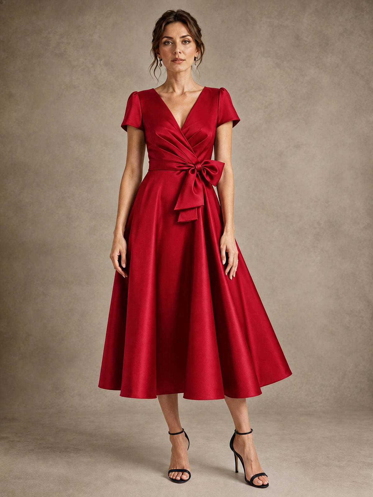 Red V-Neck Tea-Length Satin Mother of the Bride Dress with Bow Jovellee