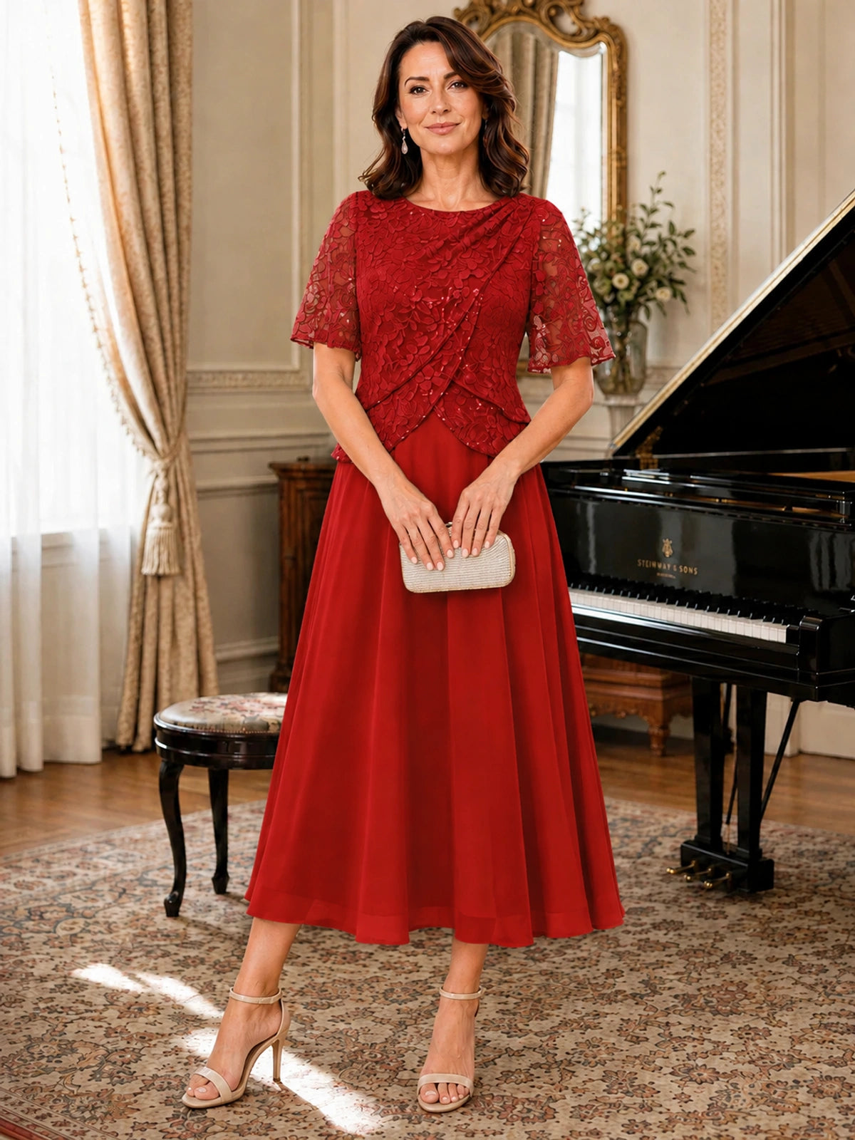 Tea-Length Chiffon Mother of the Bride Dress with Sequin Lace Sleeves