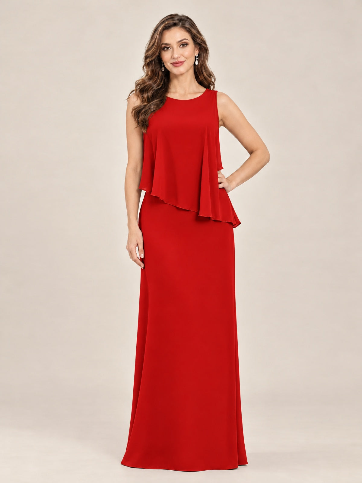 Cape Sleeve Mother of the Bride Dress with Asymmetrical Overlay