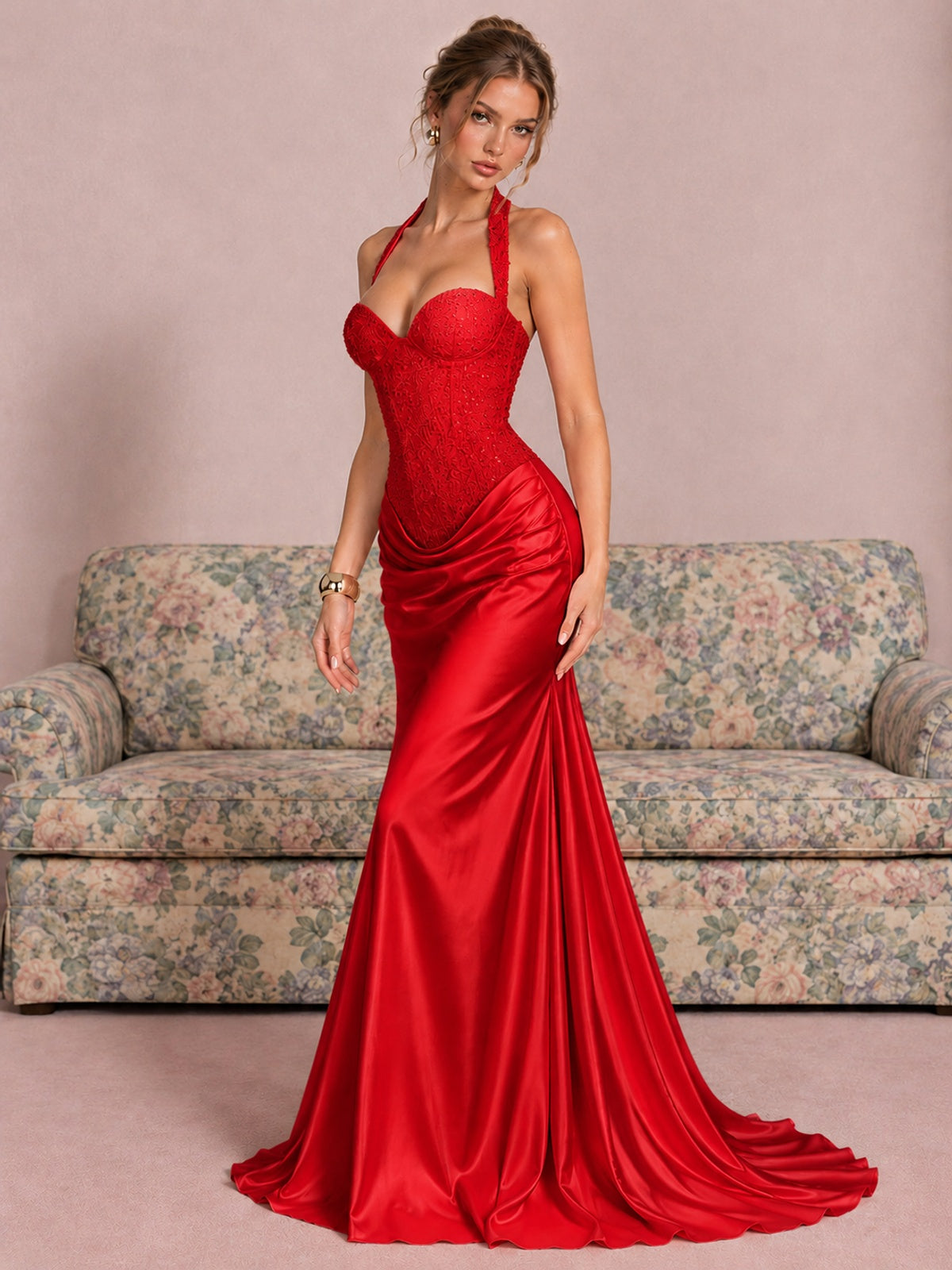 Sparkling Halter Corset Satin Mermaid Prom Dress