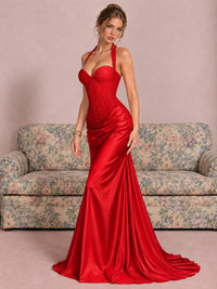 Sparkling Halter Corset Satin Mermaid Prom Dress