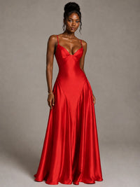Lavender V Neck Satin Prom Dress with Spaghetti Straps